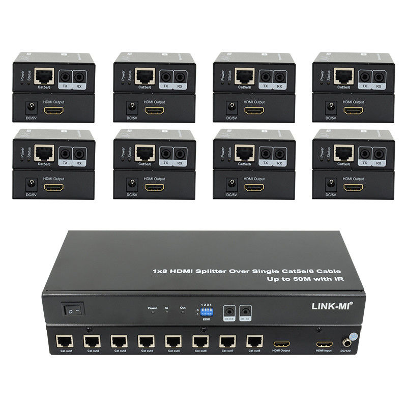 HDMI 50M 1X8 Splitter Over Cat5e 6 Поддержка кабеля 3D IR 1080P 8 портов HDMI Splitter